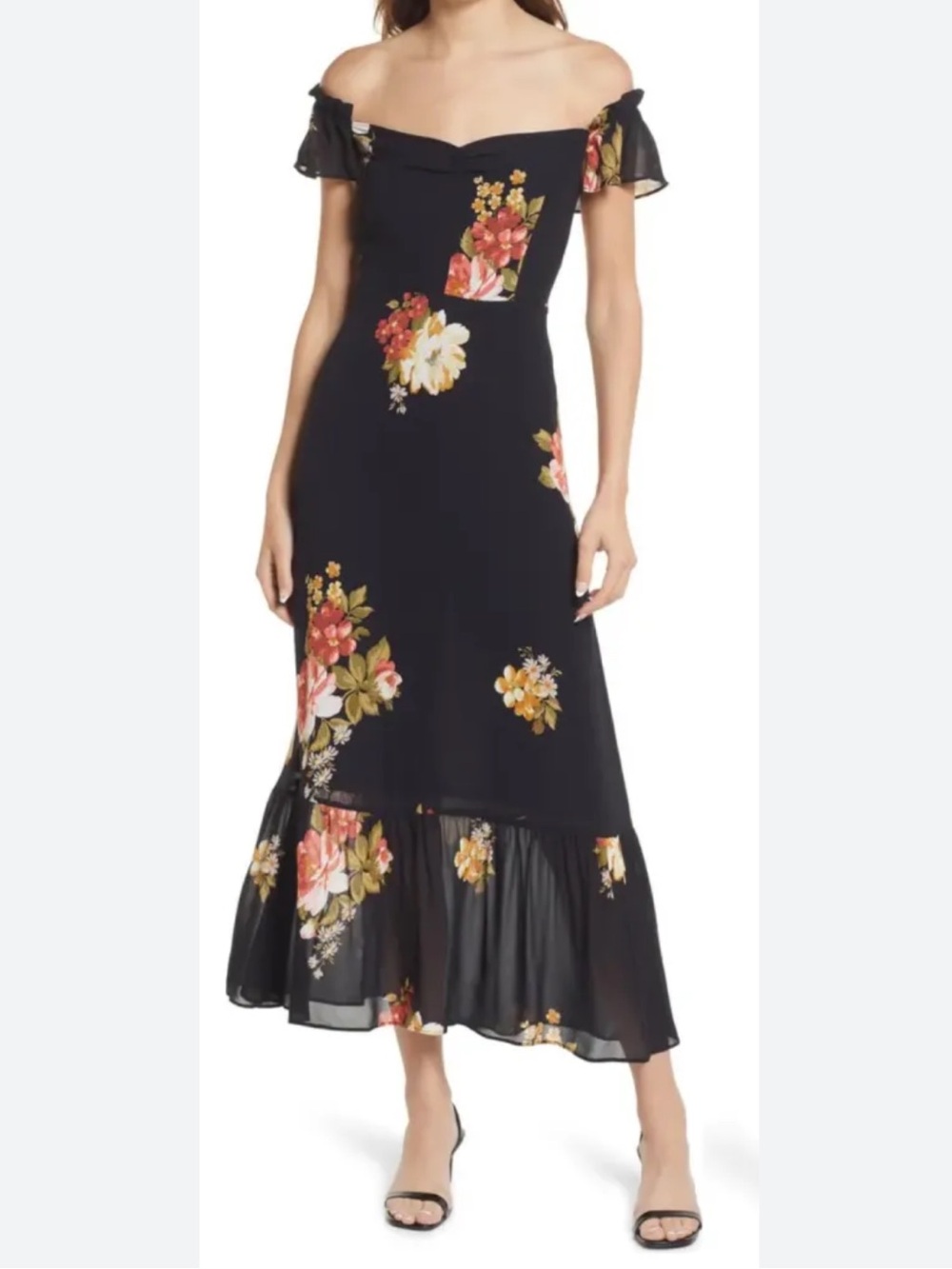 Reformation Butterfly Georgette Midi Dress Black Floral Arcadia Off The Shoulder